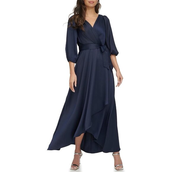 New DKNY Size 4 Navy Blue Balloon-3/4 Sleeve Faux-Wrap Gown Midi Dress Belted - Picture 1 of 11